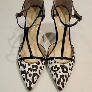 Ivanka Trump women's high heel leopard T-strap with black pentent leather size m